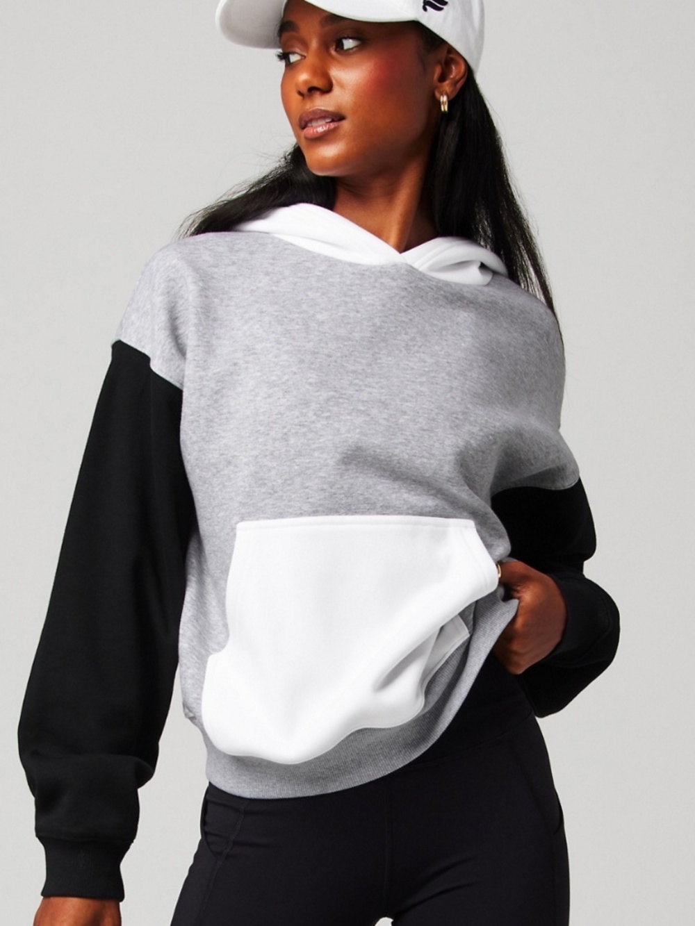 Fabletics Colorblock Pullover Hoodie Heather Grey Black White Size L NWOT
